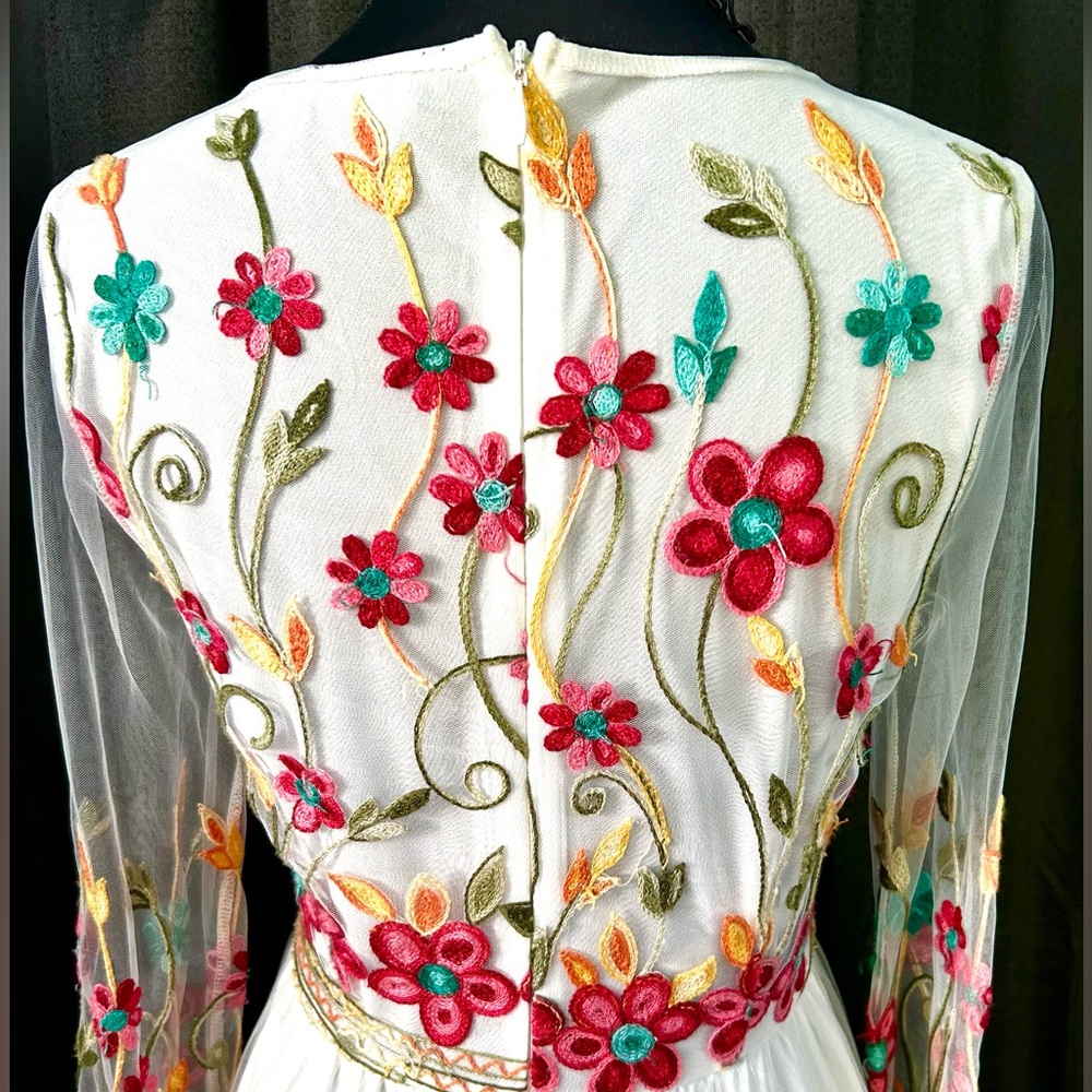 The Moon White, Multi Floral Embroidered Dress w/ Sheer Sleeves, Size S - Picture 6 of 8
